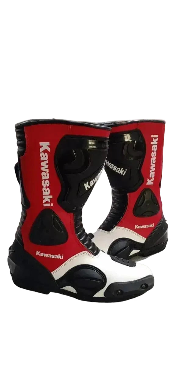Kawasaki racing red and white leather motorcycle racing boots.