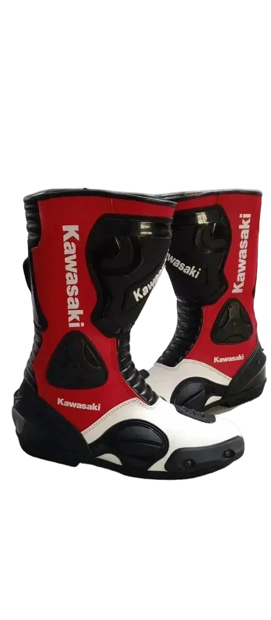 Kawasaki racing red and white leather motorcycle racing boots.