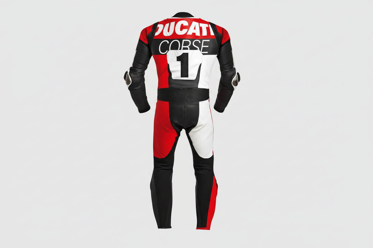 Detailed view of the vertical Ducati Corse thigh branding, metallic shoulder sliders, and white leather panels on a professional track suit.
