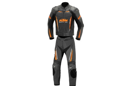 KTM Racing black and orange leather motorcycle racing suit with 'Ready to Race' branding and integrated armor.