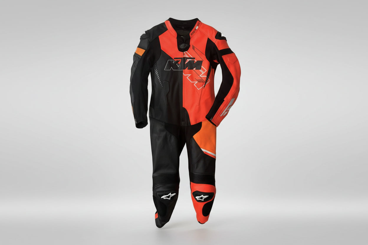 KTM Racing black and orange leather motorcycle racing suit with integrated armor and factory logos.