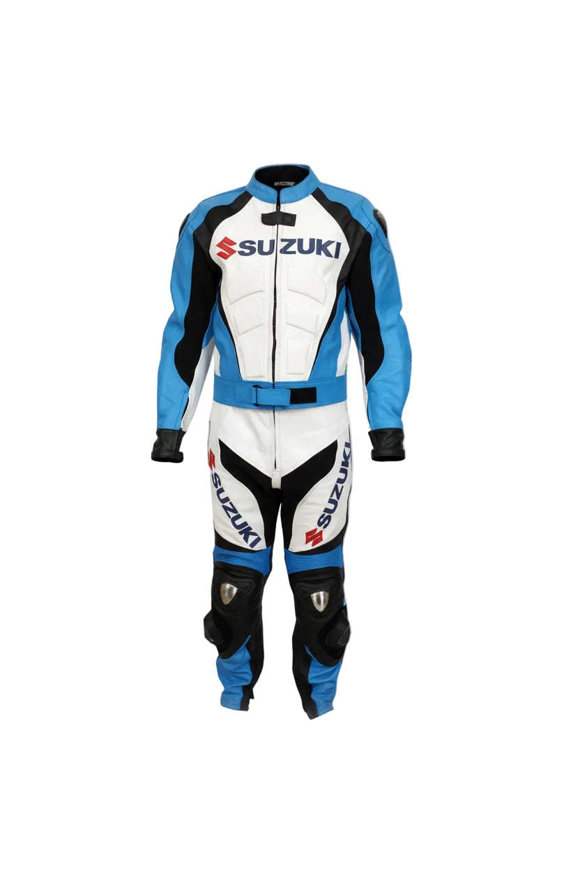 Suzuki professional one-piece leather racing suit in white, blue, and black with integrated armor and sliders.