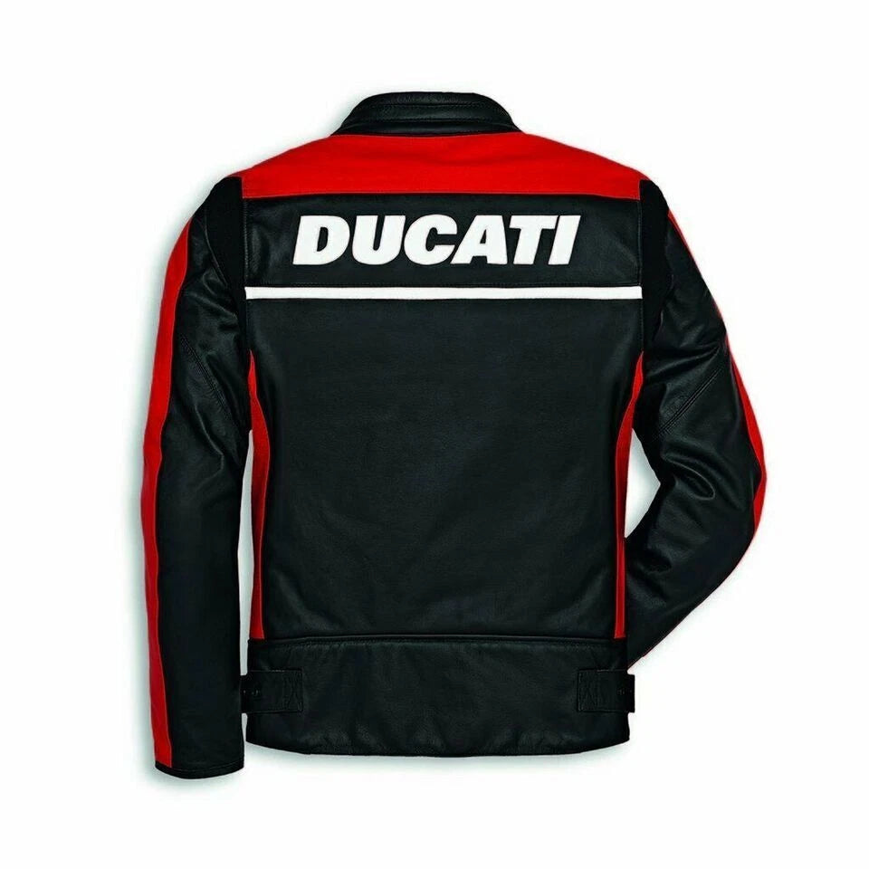 Detailed view of the Ducati Corse chest shield, red technical panels, and external hard-shell shoulder.