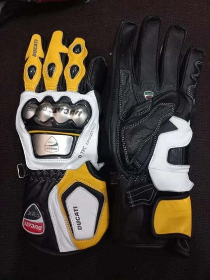 Ducati Corse leather motorcycle racing gloves in yellow, white, and black with metallic knuckle armor.