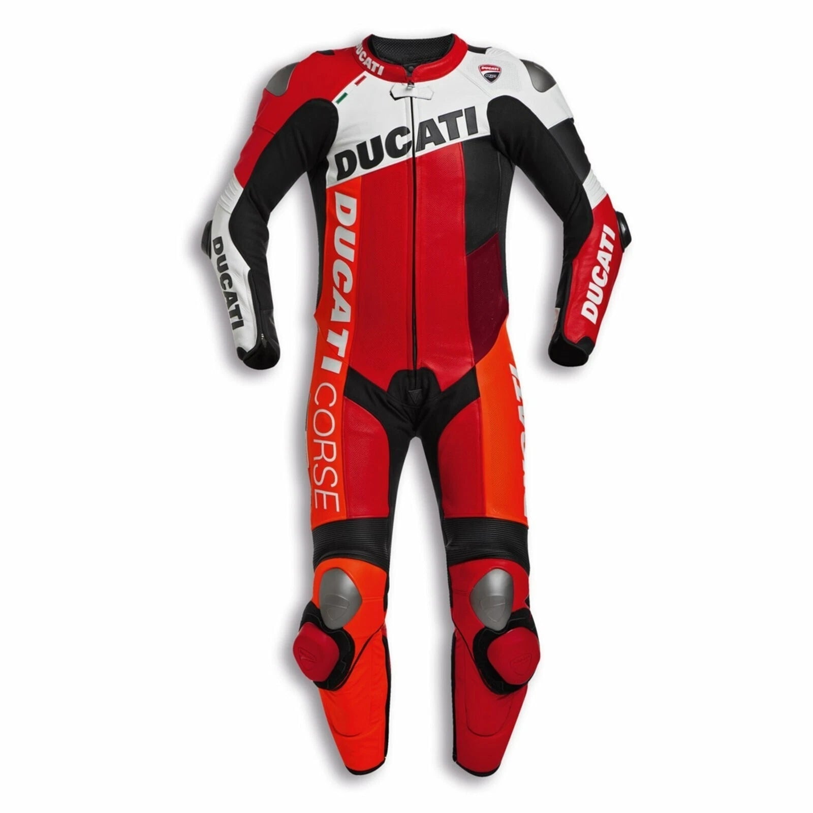 Ducati Corse one-piece leather racing suit in red, black, and white with professional branding and integrated armor.
