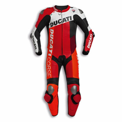 Ducati Corse one-piece leather racing suit in red, black, and white with professional branding and integrated armor.
