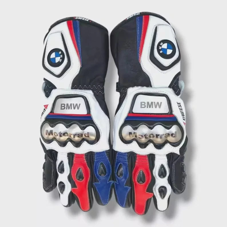 BMW Motorrad M-Sport leather motorcycle racing gloves in white and black with tricolor accents and knuckle armor.