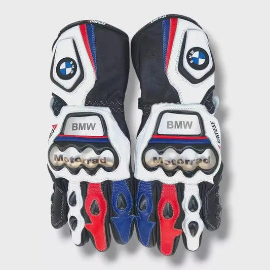 BMW Motorrad M-Sport leather motorcycle racing gloves in white and black with tricolor accents and knuckle armor.