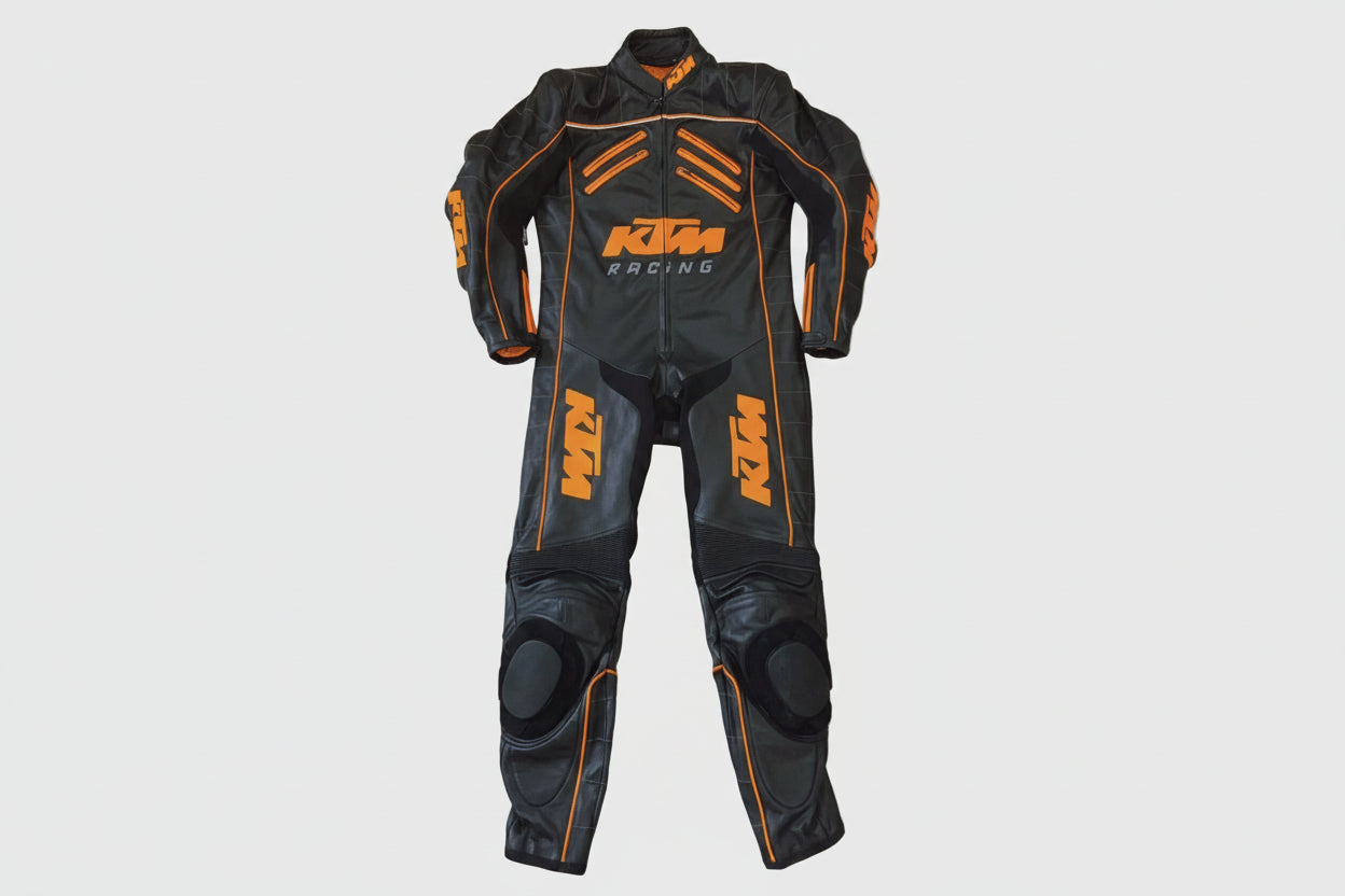 KTM Racing black and orange leather motorcycle racing suit with factory branding and integrated armor.