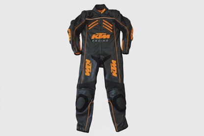 KTM Racing black and orange leather motorcycle racing suit with factory branding and integrated armor.