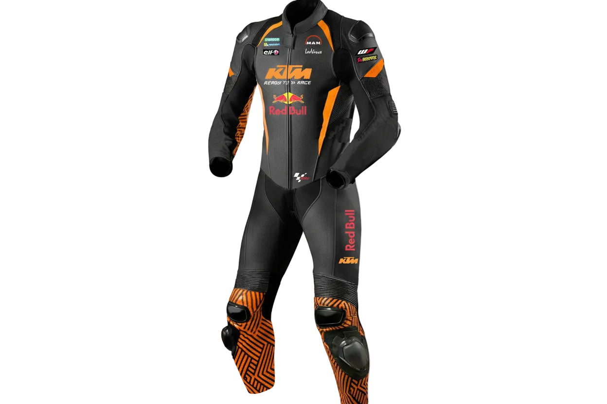 KTM Racing black and orange leather motorcycle racing suit with Red Bull branding and integrated armor.