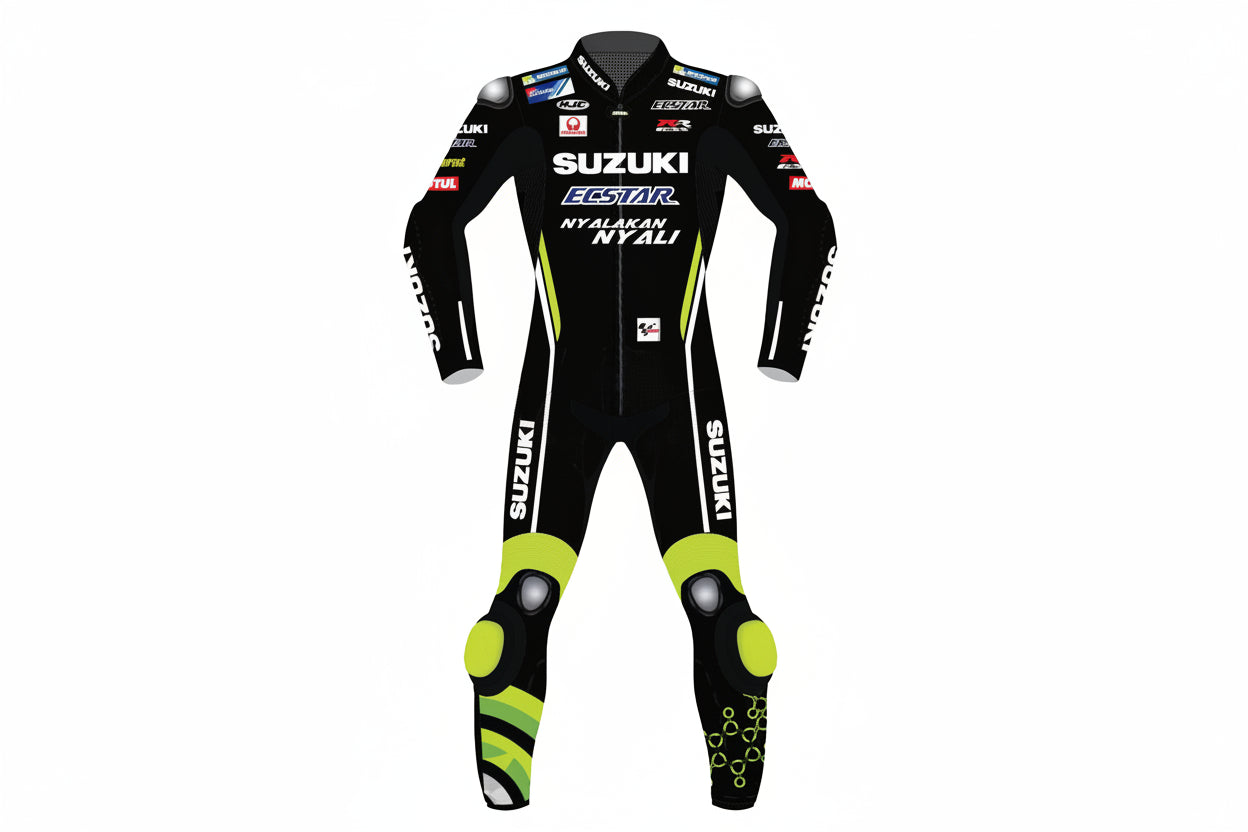 Suzuki ECSTAR professional one-piece leather racing suit in black and neon yellow with integrated armor.