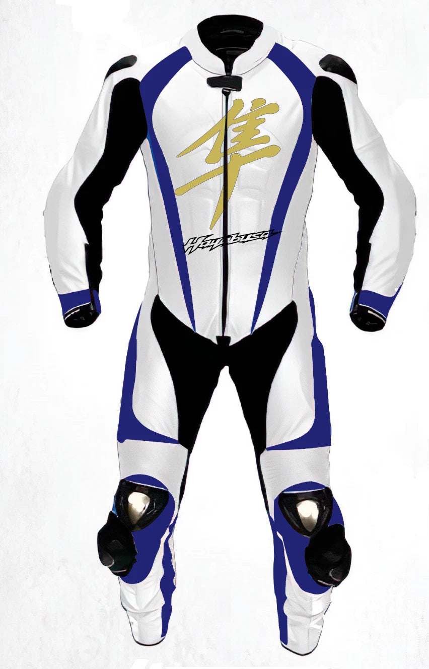 Suzuki Hayabusa one-piece leather racing suit in blue and white with gold kanji logo and armor.