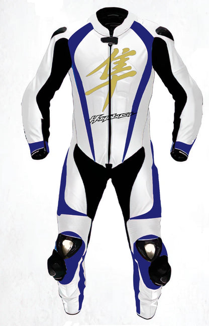 Suzuki Hayabusa one-piece leather racing suit in blue and white with gold kanji logo and armor.