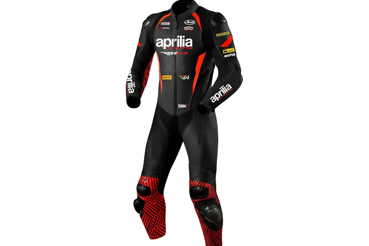 Aprilia Racing black, red, and white leather motorcycle racing suit with RSV4 branding and integrated armor.