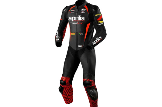 Aprilia Racing black, red, and white leather motorcycle racing suit with RSV4 branding and integrated armor.