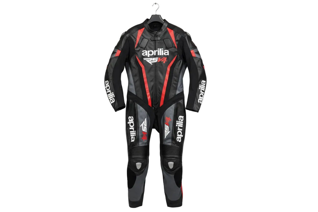 Aprilia Racing red, white, and black leather motorcycle racing suit with RSV4 branding and integrated armor.