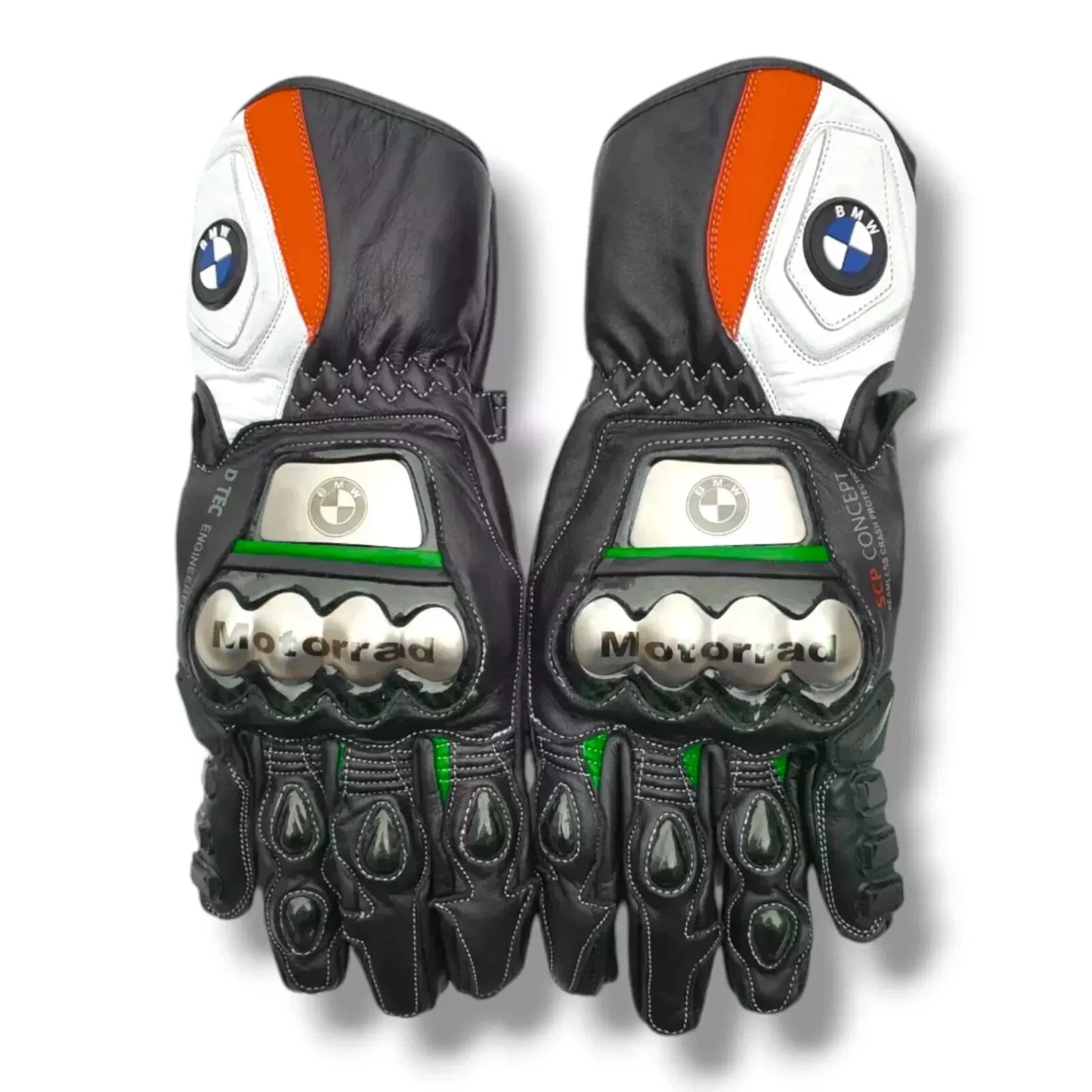 BMW Motorrad leather motorcycle racing gloves in black and orange with metallic knuckle armor.