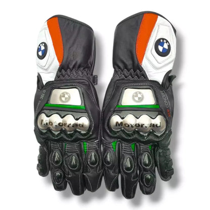 BMW Motorrad leather motorcycle racing gloves in black and orange with metallic knuckle armor.