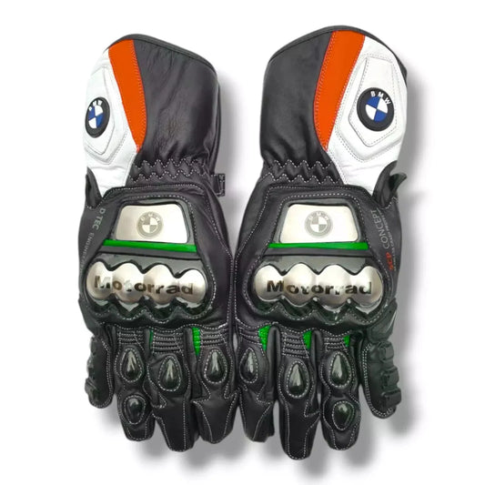 BMW Motorrad leather motorcycle racing gloves in black and orange with metallic knuckle armor.