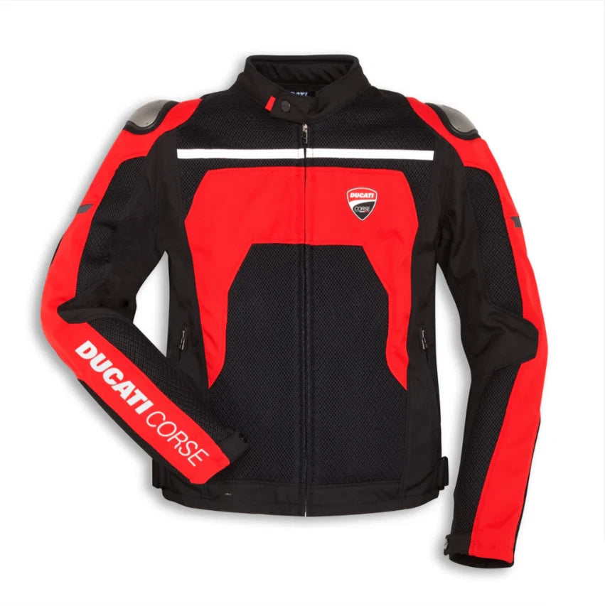 Ducati Corse black and red motorcycle racing jacket.