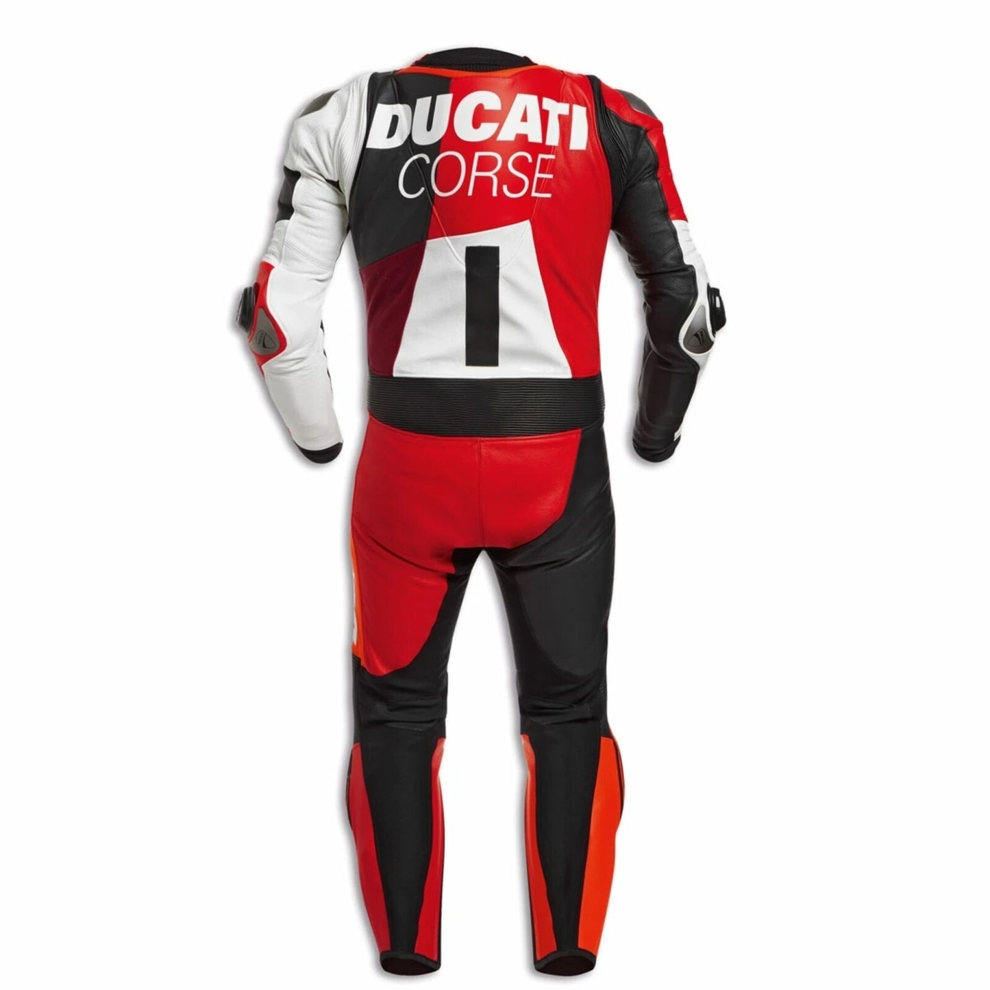 Professional Ducati racing gear featuring a high-performance tri-color factory livery with aerodynamic accordion stretch panels.