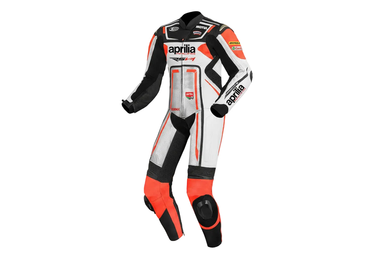 Aprilia Racing orange, white, and black leather motorcycle racing suit with RSV4 branding and sponsor logos.