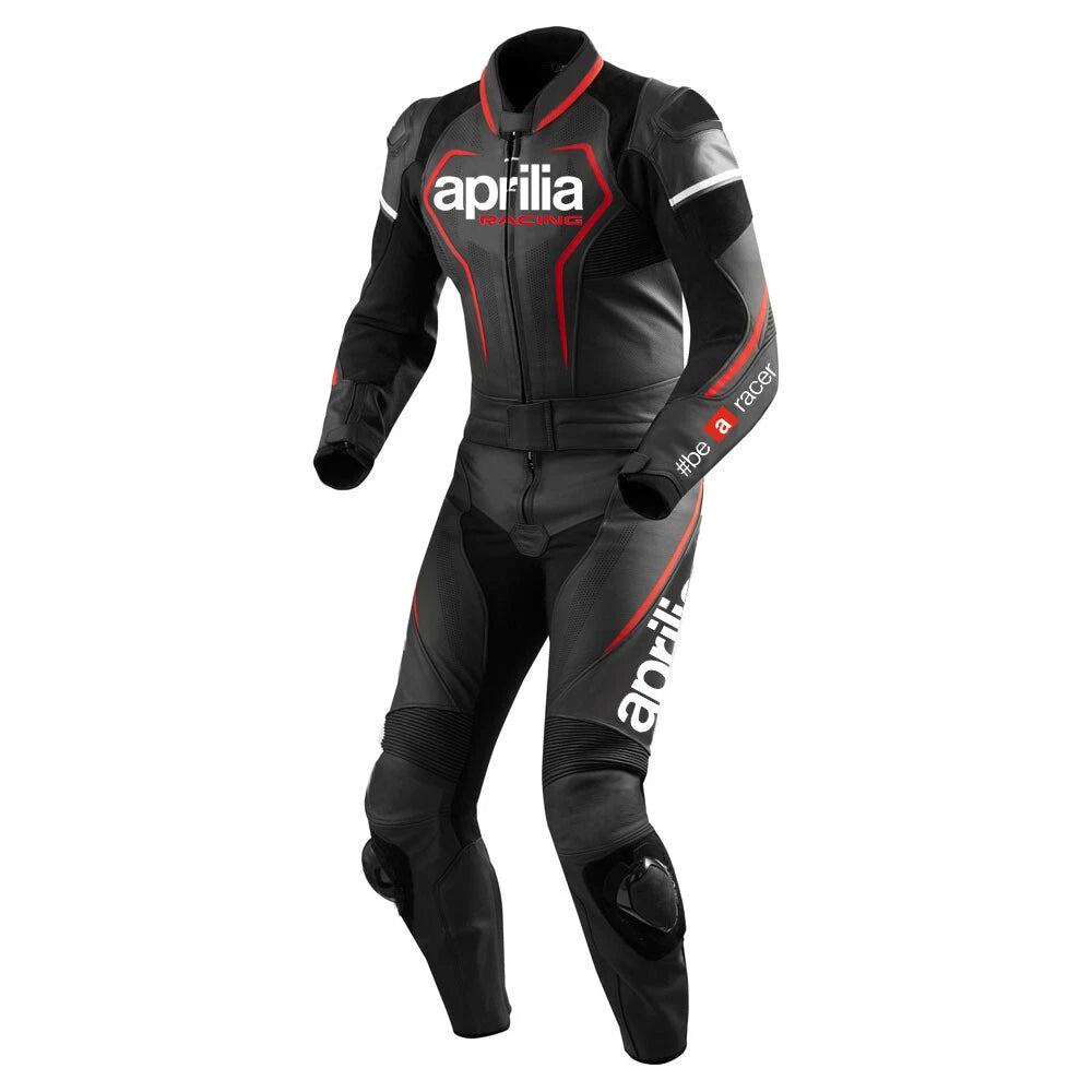Aprilia Racing red, black, and white leather motorcycle racing suit with RSV4 branding and integrated armor.