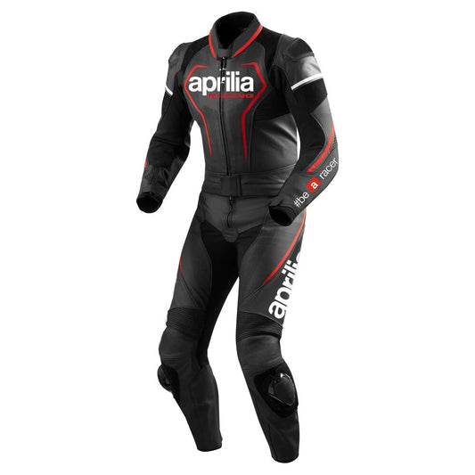 Aprilia Racing red, black, and white leather motorcycle racing suit with RSV4 branding and integrated armor.
