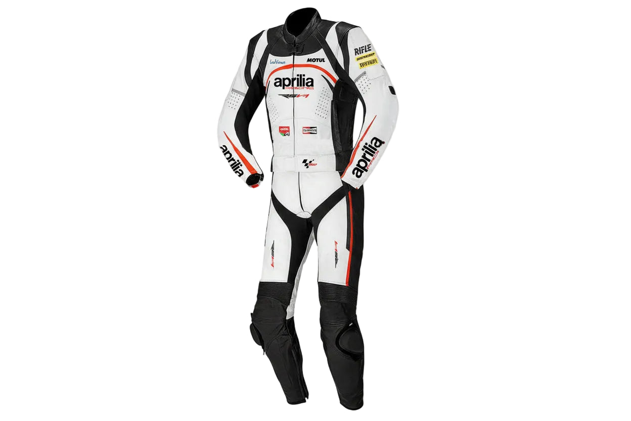 Aprilia Racing white, black, and red leather motorcycle racing suit with RSV4 branding and integrated armor.