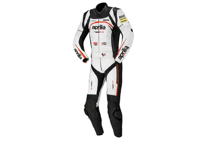 Aprilia Racing white, black, and red leather motorcycle racing suit with RSV4 branding and integrated armor.