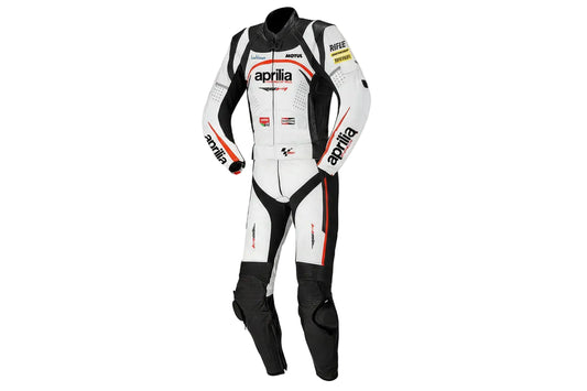 Aprilia Racing white, black, and red leather motorcycle racing suit with RSV4 branding and integrated armor.