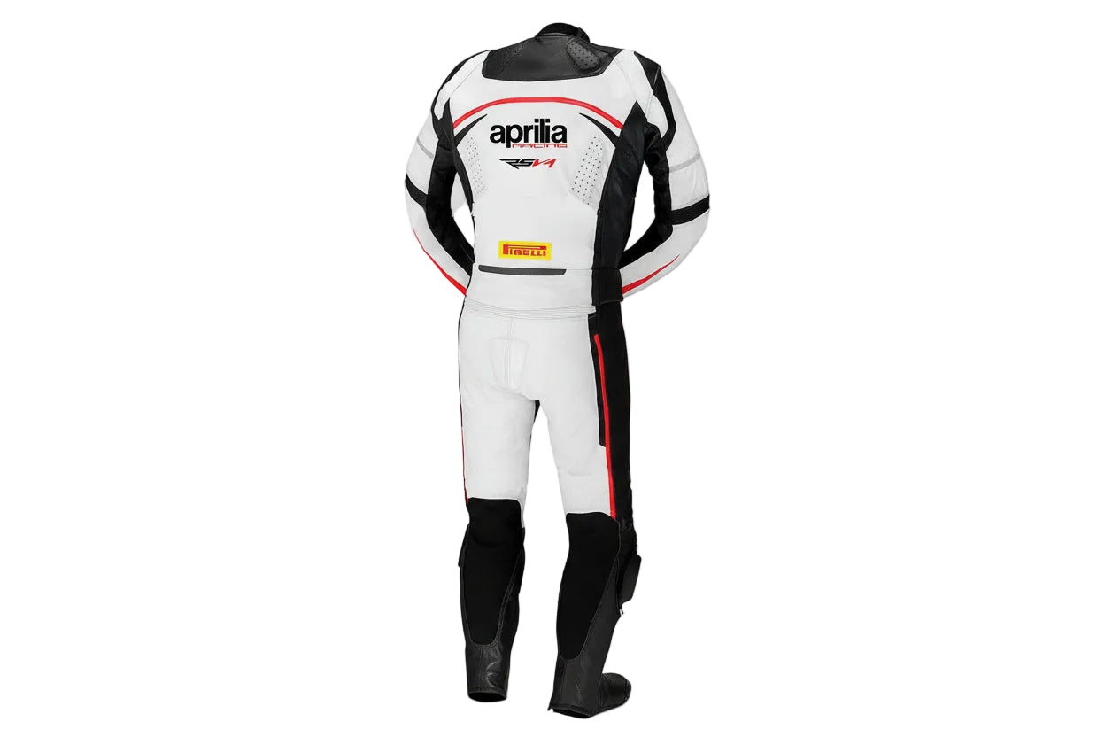 Detailed view of the Aprilia Racing chest logo, Motul patch, and perforated leather panels on a professional racing suit.