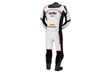 Detailed view of the Aprilia Racing chest logo, Motul patch, and perforated leather panels on a professional racing suit.