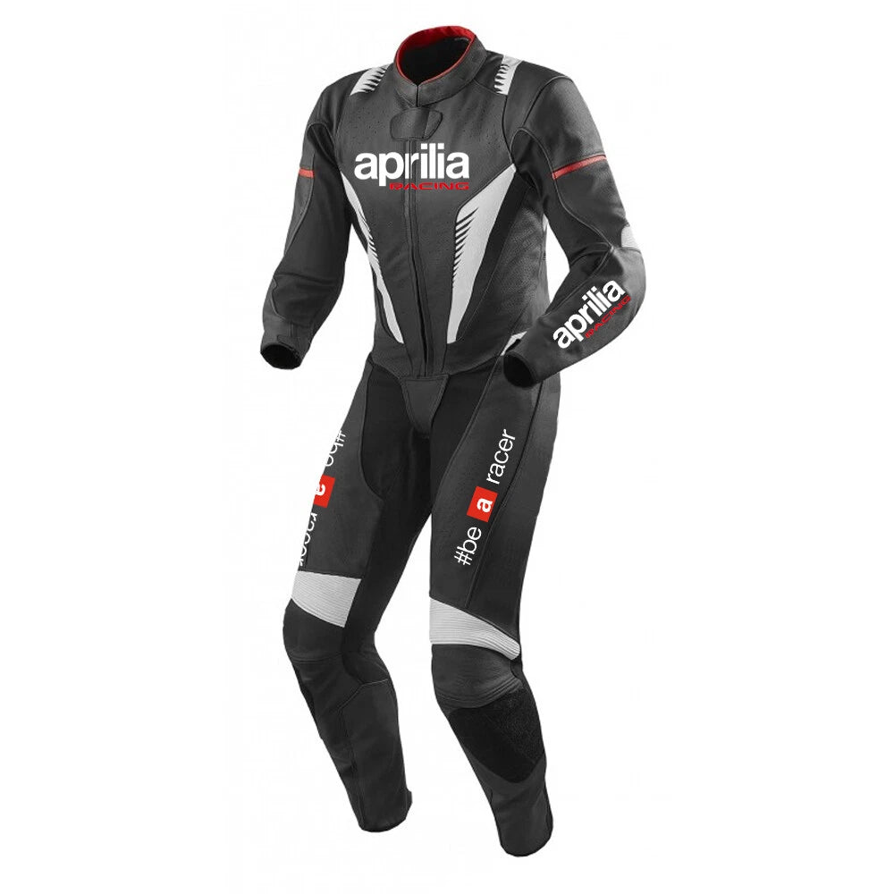 Aprilia Racing black and grey leather motorcycle racing suit with '#be a racer' branding and integrated armor.