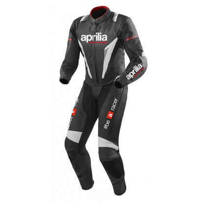 Aprilia Racing black and grey leather motorcycle racing suit with '#be a racer' branding and integrated armor.