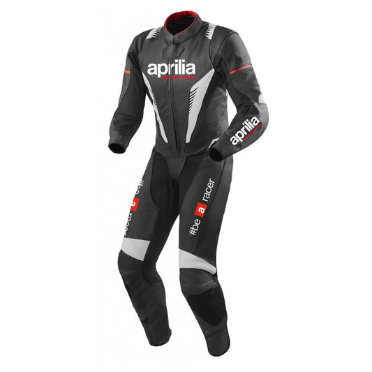 Aprilia Racing black and grey leather motorcycle racing suit with '#be a racer' branding and integrated armor.