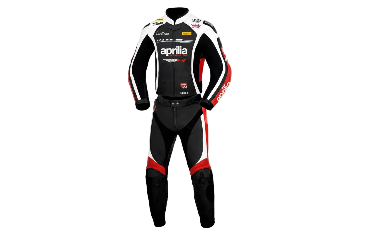 Aprilia Racing white, red, and black leather motorcycle racing suit with RSV4 branding and sponsor logos.