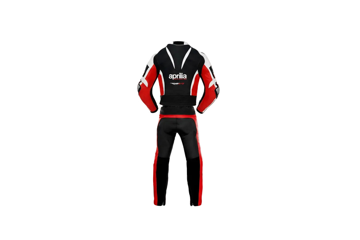 Detailed view of the Aprilia Racing chest logo, RSV4 branding, and red accordion stretch panels on a professional racing suit.