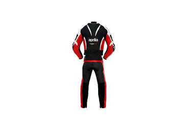 Detailed view of the Aprilia Racing chest logo, RSV4 branding, and red accordion stretch panels on a professional racing suit.