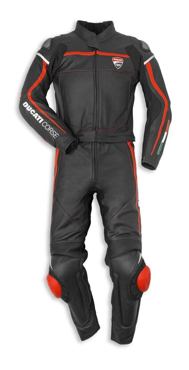 Ducati Corse stealth black and red leather motorcycle racing suit with integrated armor and professional branding.