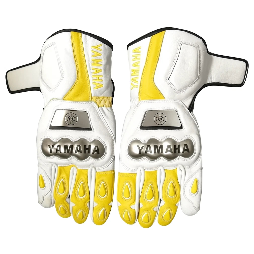 Yamaha racing leather motorcycle gloves in white and yellow with metallic knuckle armor.