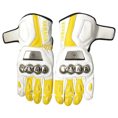 Yamaha racing leather motorcycle gloves in white and yellow with metallic knuckle armor.