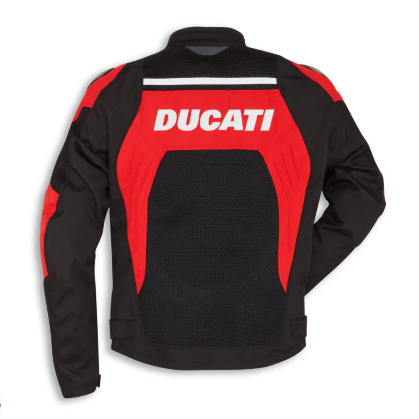 Detailed view of the Ducati Corse chest shield, red technical panels, and external hard-shell shoulder.