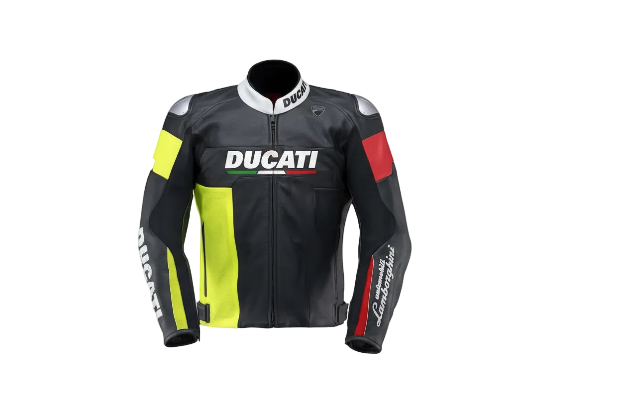 Ducati Corse black, yellow, red, and white leather racing jacket with Lamborghini branding and integrated armor.