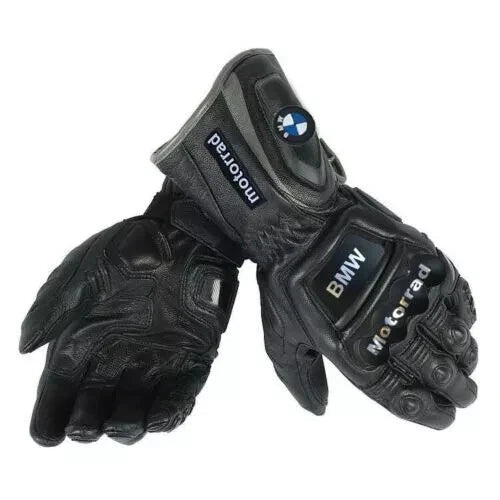 BMW Motorrad leather motorcycle racing gloves in black with carbon knuckle armor.
