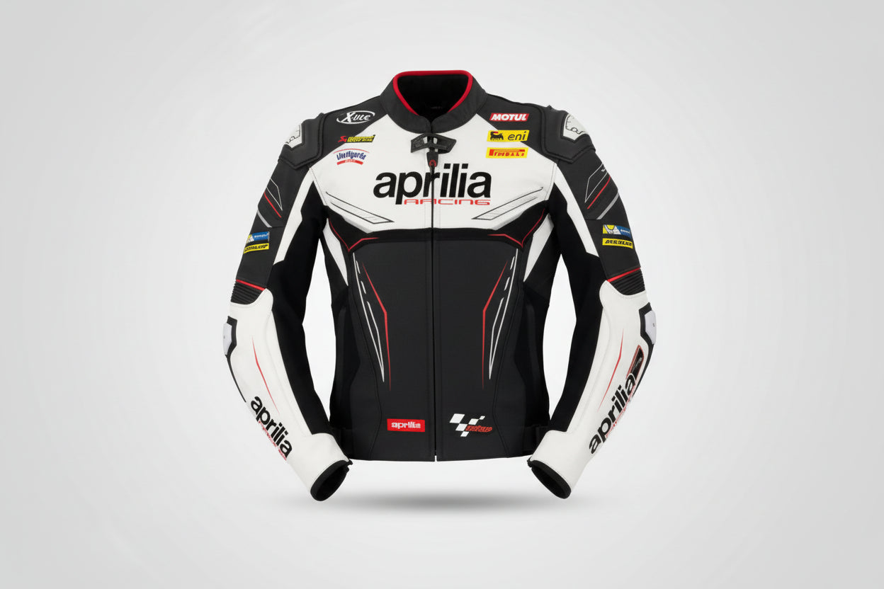 Aprilia Racing black and white leather motorcycle jacket with sponsor logos and integrated armor.