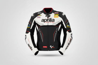 Aprilia Racing black and white leather motorcycle jacket with sponsor logos and integrated armor.