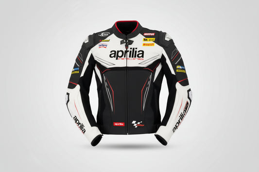 Aprilia Racing black and white leather motorcycle jacket with sponsor logos and integrated armor.
