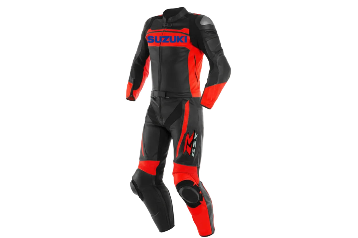 Suzuki GSX-R Two-piece leather racing suit in red and black with professional armor and sliders.